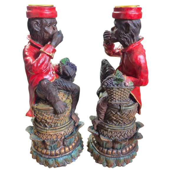 Vtg 2 Pc Speak No Evil Bell Hop Carnival Butler Monkeys Candle Holders 8” - Picture 3 of 13